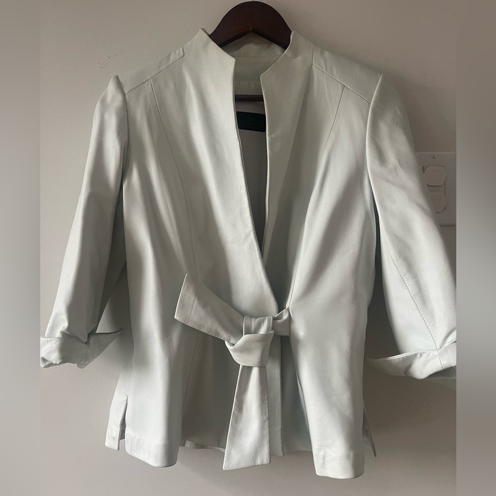 Vintage White Leather Tie-Belt Open-Front Blazer